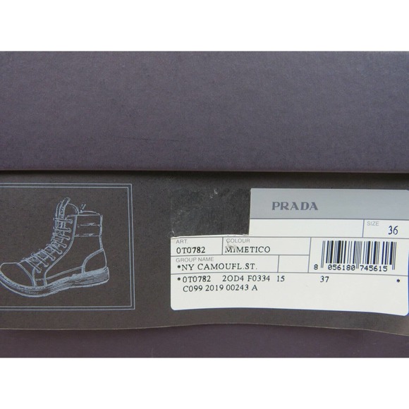 NIB PRADA 0T0782 CAMOUFLAGE GREEN LEATHER CAP TOE LACE UP COMBAT BOOTS 36 US 6 - Picture 12 of 12
